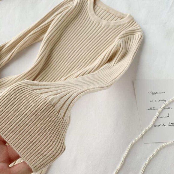 Knit dress beige long sleeve womens sweater cream rib knit dress - Picture 4 of 5